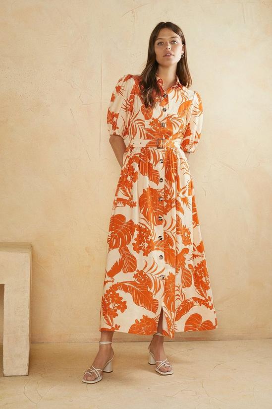 Oasis Tropical Printed Puff Sleeve Linen Look Dress 2