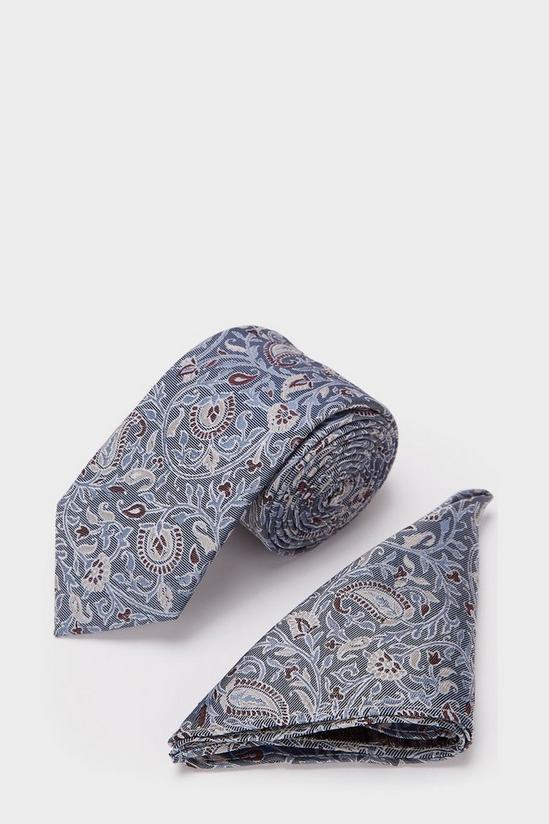 Burton 1904 Blue And Neutral Paisley Silk Tie And Pocket Square Set 1
