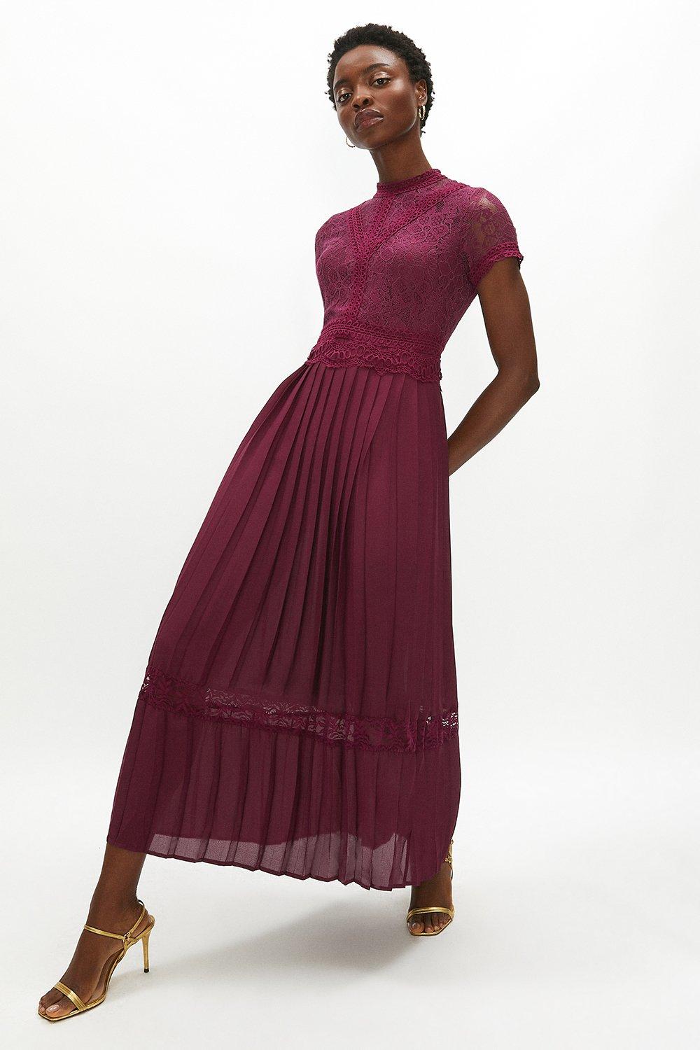 Lace Bodice Pleat Skirt Maxi Dress