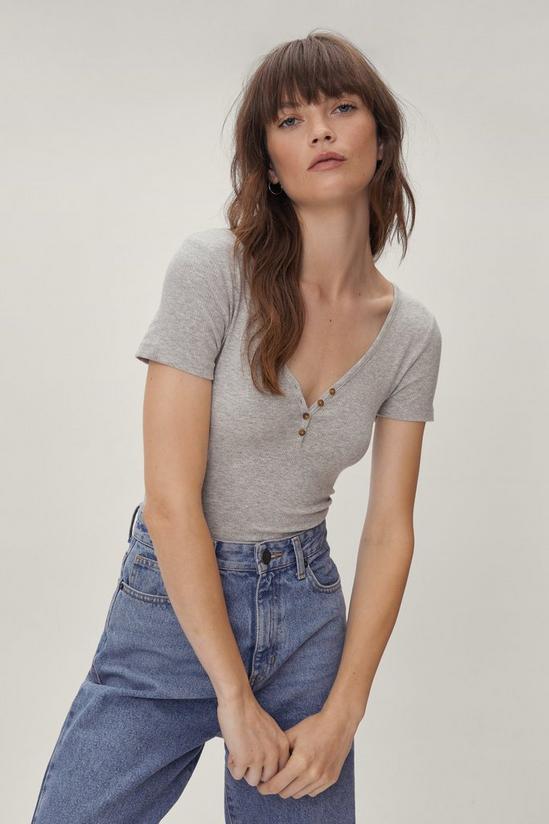 NastyGal V Neck Short Sleeve Ribbed Button Detail Top 1