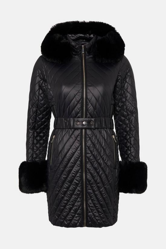 KarenMillen High Shine Faux Fur Cuff Quilted Coat 4