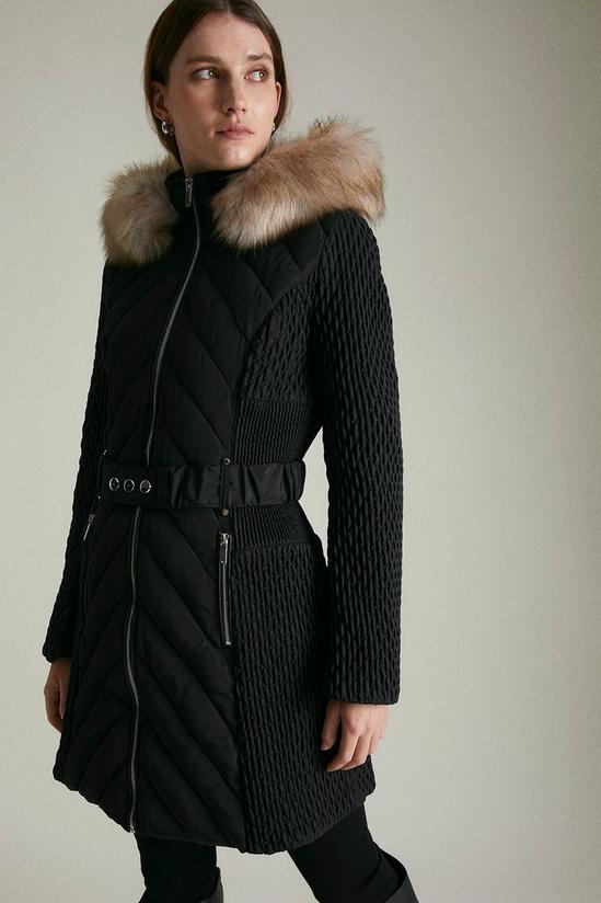 KarenMillen Long Heritage Quilt Faux Fur Trim Hood Coat 1