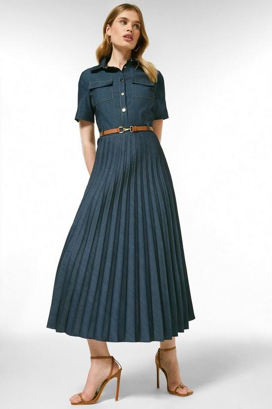 KarenMillen Pleated Tailored Denim Short Sleeve Maxi Dress 1