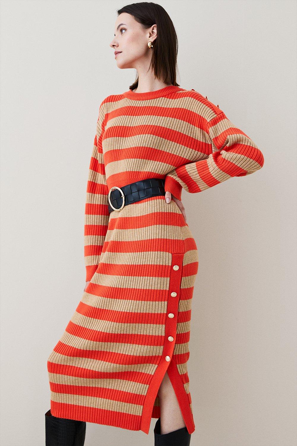Wool Blend Striped Knitted Midi Dress