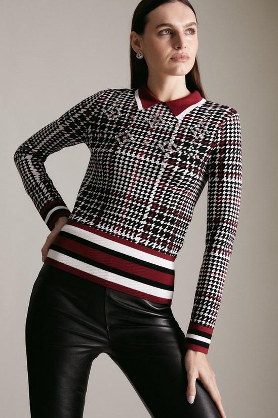 KarenMillen Heritage Embellished Check Knitted Collared Top 1