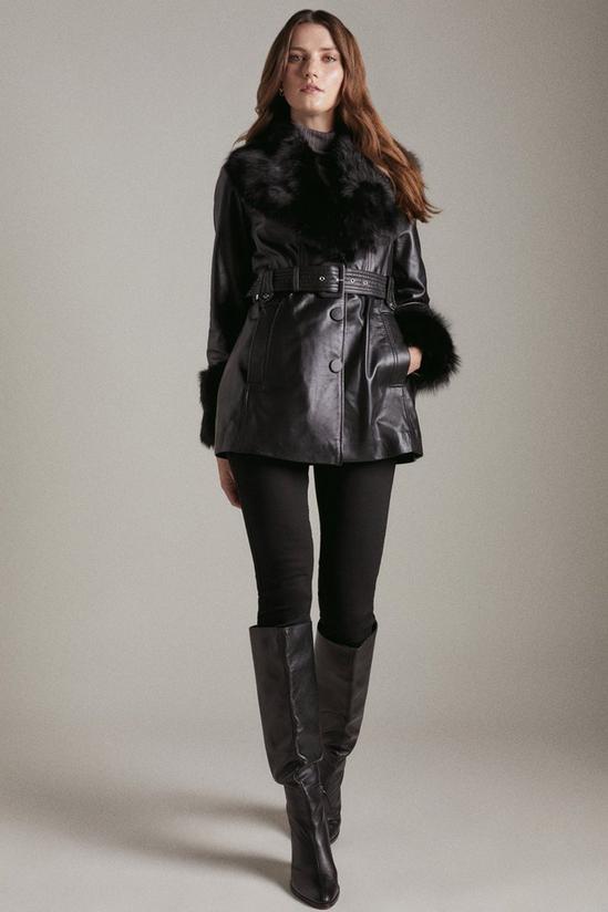 KarenMillen Short Shearling Cuff And Collar Leather Coat 4