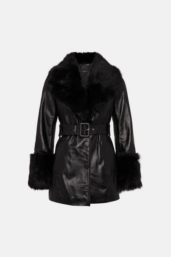 KarenMillen Short Shearling Cuff And Collar Leather Coat 5
