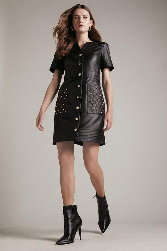 KarenMillen Leather Quilted And Stud Detail A Line Mini Dress 4