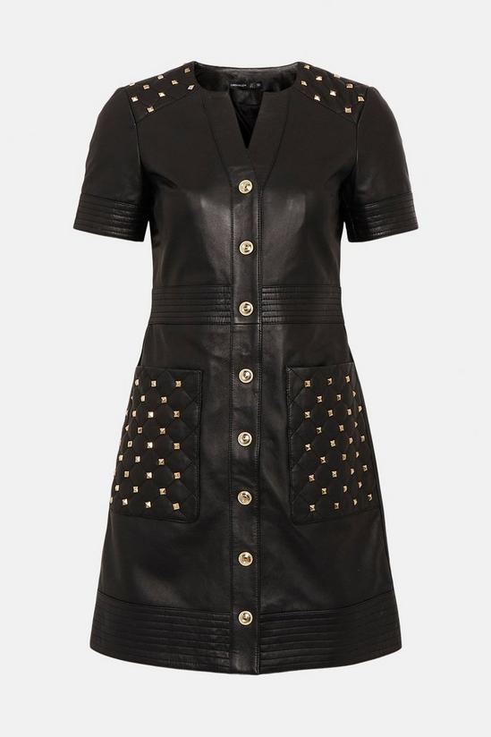 KarenMillen Leather Quilted And Stud Detail A Line Mini Dress 5