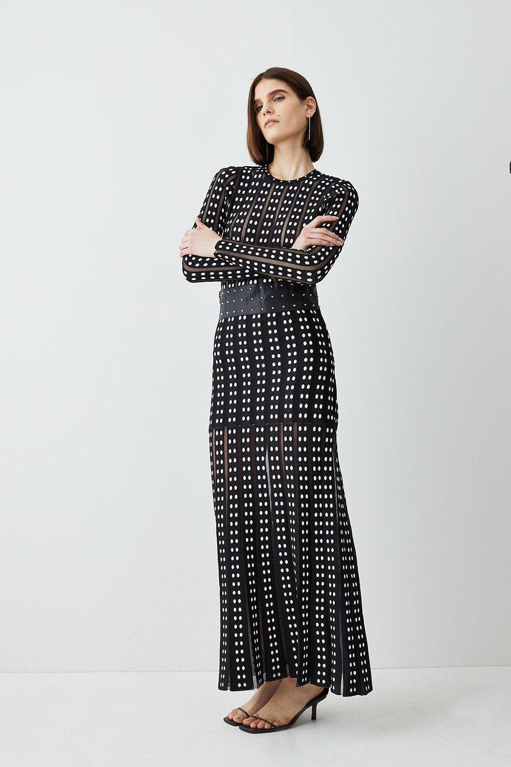 Sheer Knit Polka Dot Stud Detail Jacquard Maxi Dress