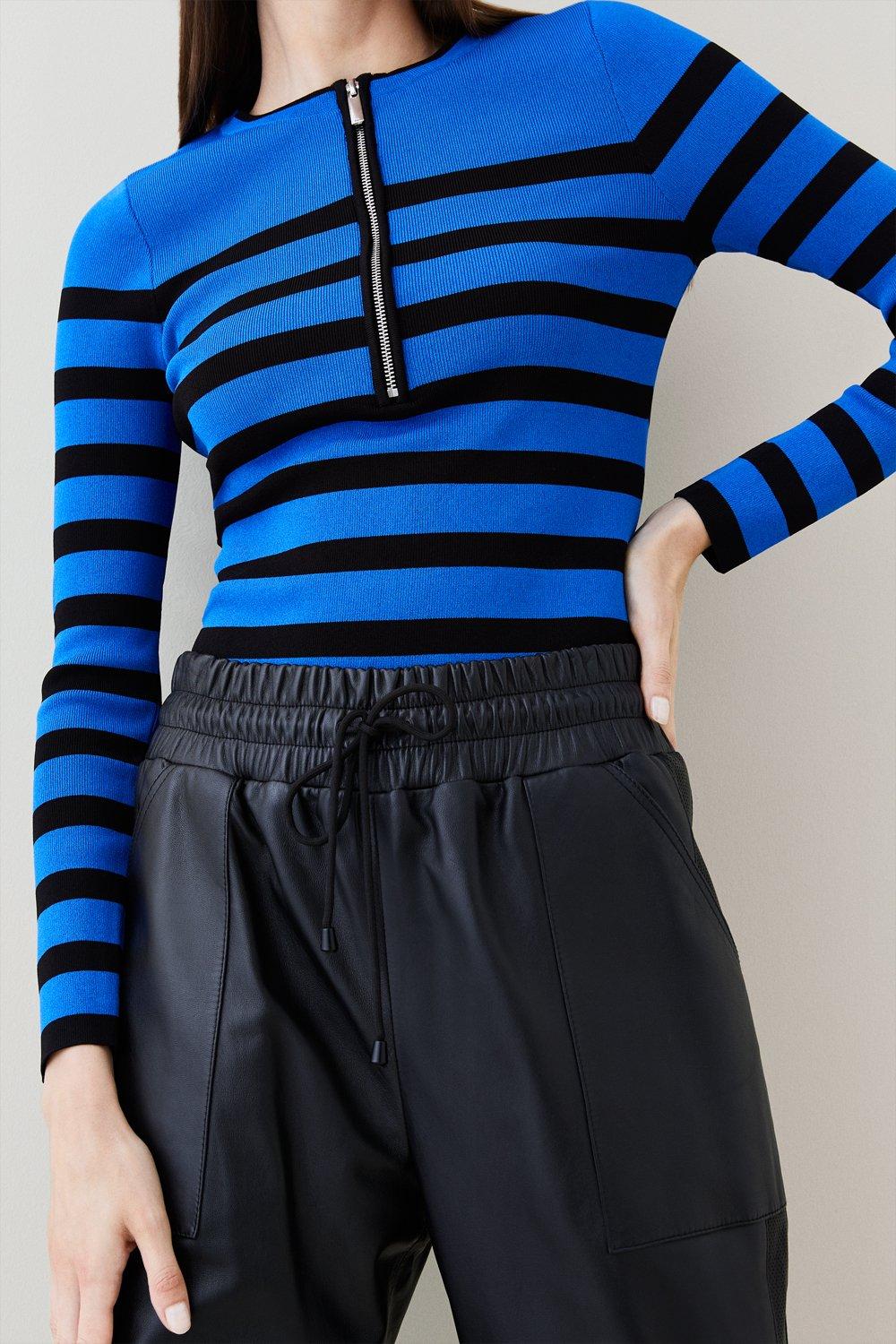 Long Sleeve Nautical Zip Front Knit Top