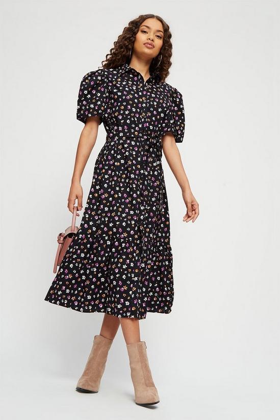 Dorothy Perkins Petite Black And Purple Flower Shirt Dress 1