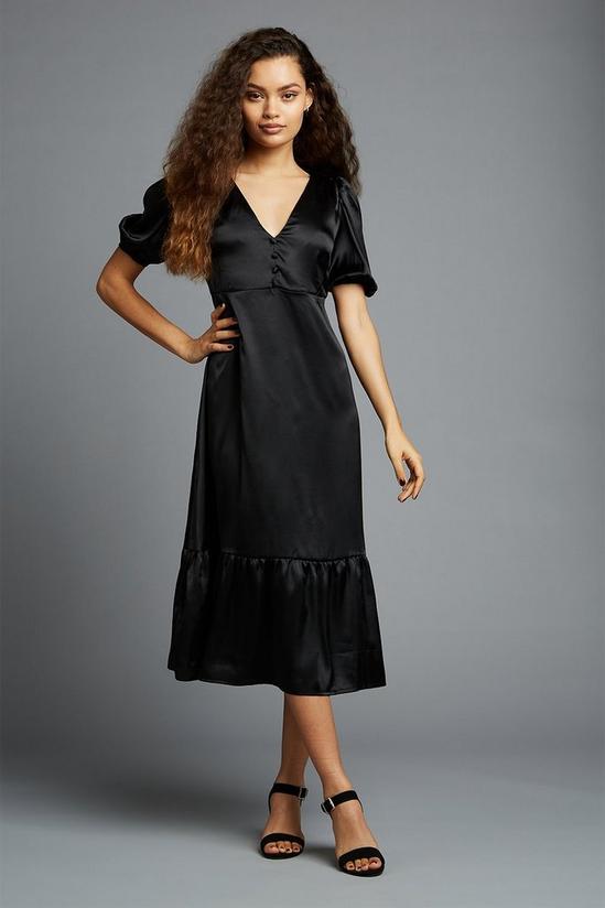 Dorothy Perkins Petite Black Satin Puff Sleeve Button Midaxi Dress 1