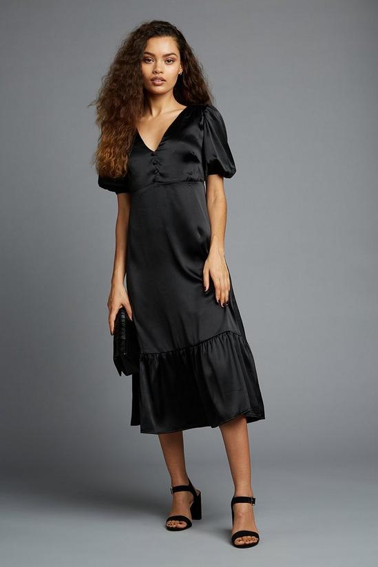 Dorothy Perkins Petite Black Satin Puff Sleeve Button Midaxi Dress 2