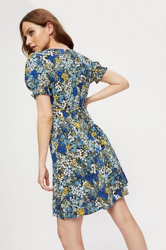 Dorothy Perkins Blue Yellow Floral V Frill Mini Dress 3