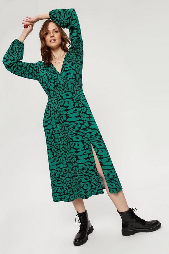 Dorothy Perkins Green Animal Print Shirred Waist Midi Dress 2