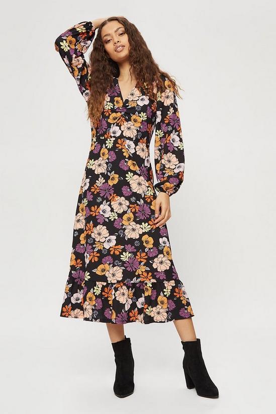 Dorothy Perkins Petite Multi Floral Textured Ruched Front Midi Dress 2
