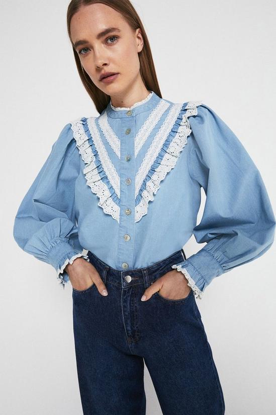 Warehouse Denim Lace And Frill Detail Shirt 1