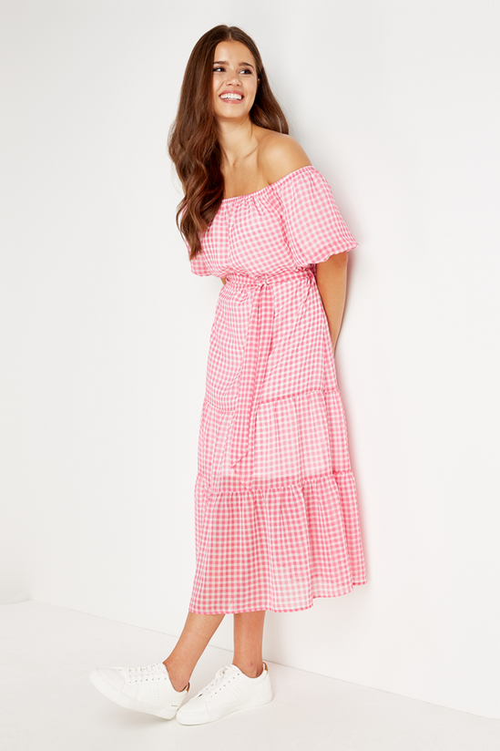 Wallis Petite Pink Check Bardot Midi Dress 1