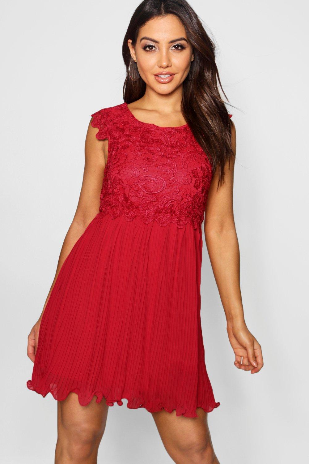 Boutique Corded Lace Pleated Skater Dress