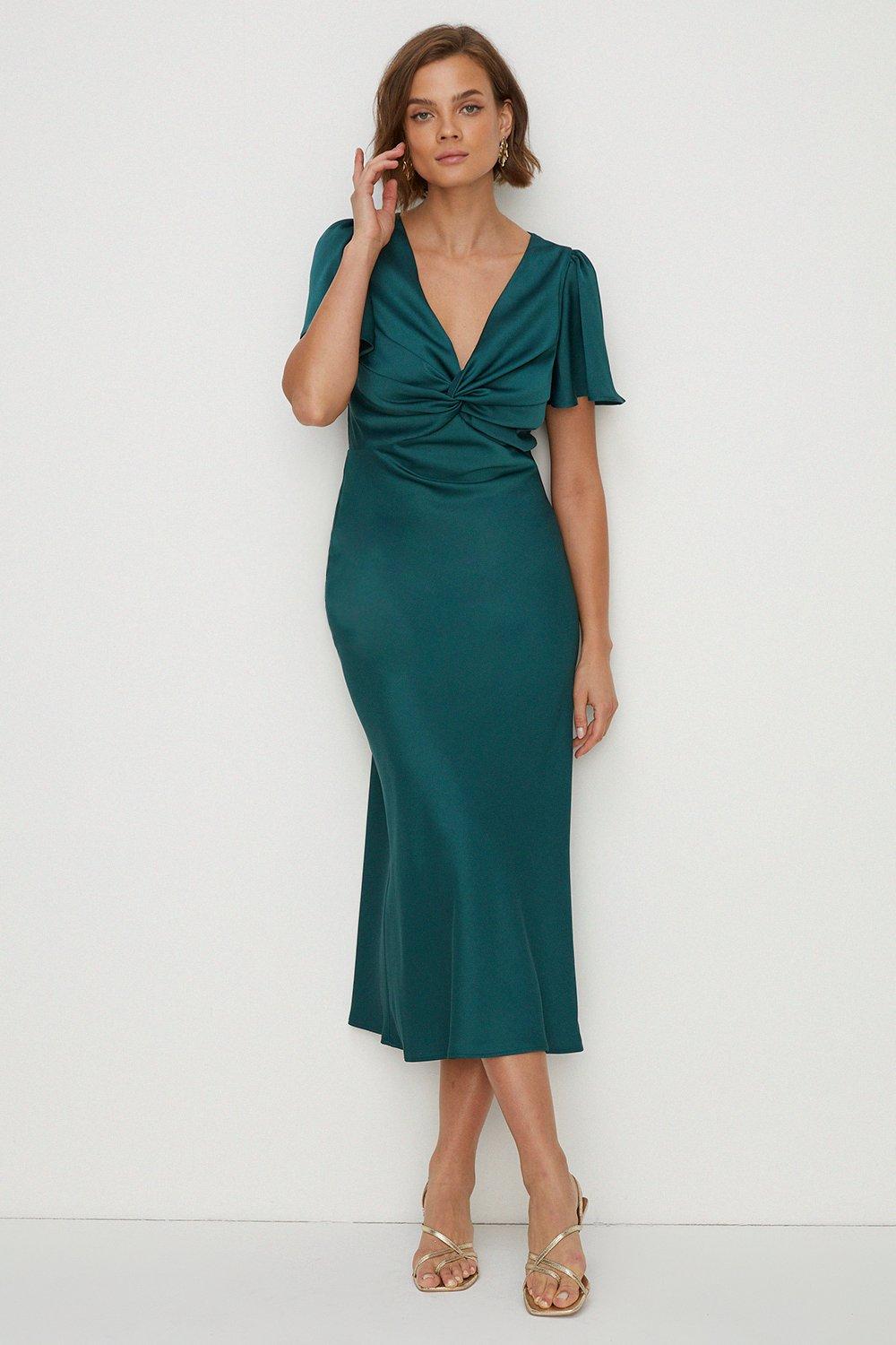 Dresses, Satin Twist Front Angel Sleeve Midi Dress