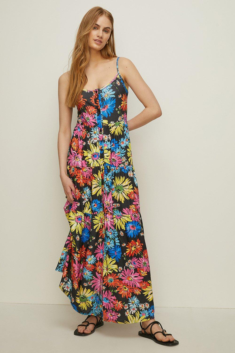 Floral Print Button Front Tiered Maxi Dress