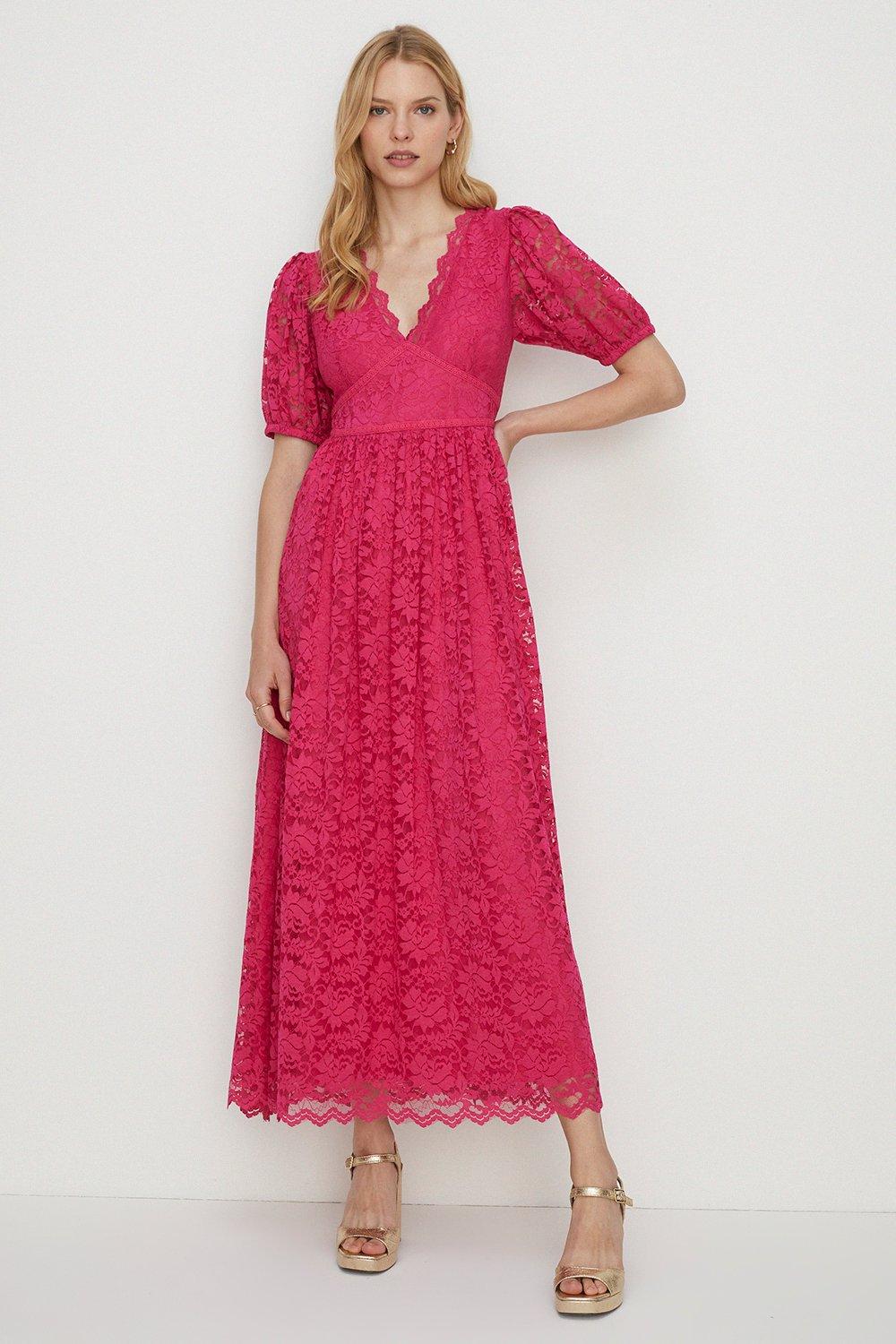 Lace Puff Sleeve V Neck Midaxi Dress