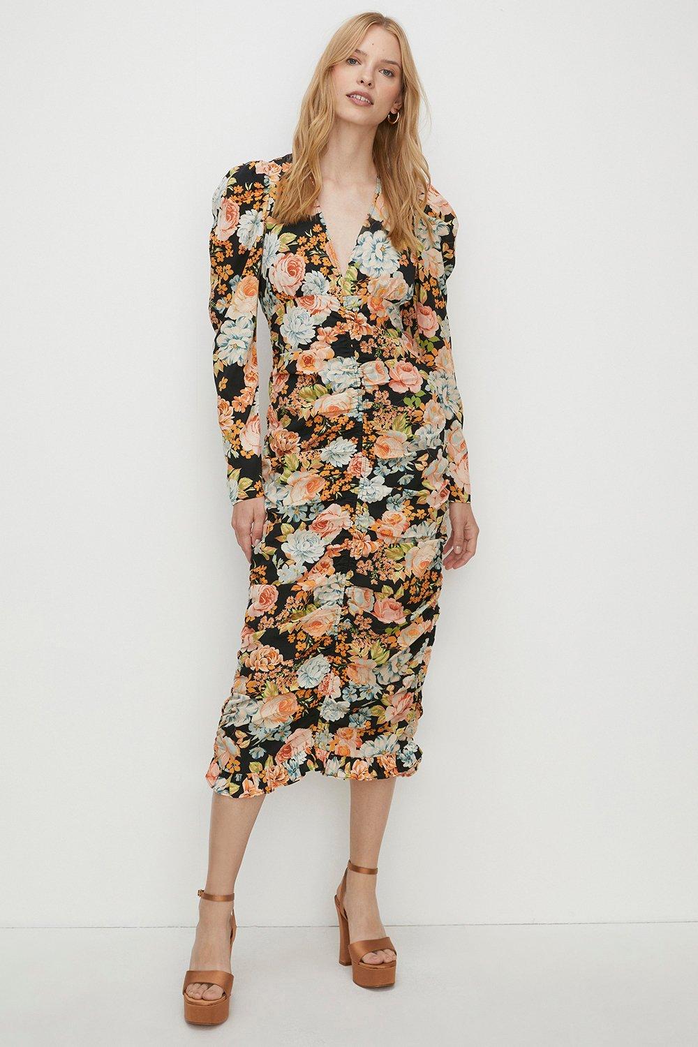 Petite Bold Floral All Over Ruched Midi Dress