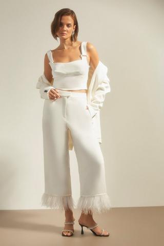Product Petite Faux Feather Hem Tailored Trouser white