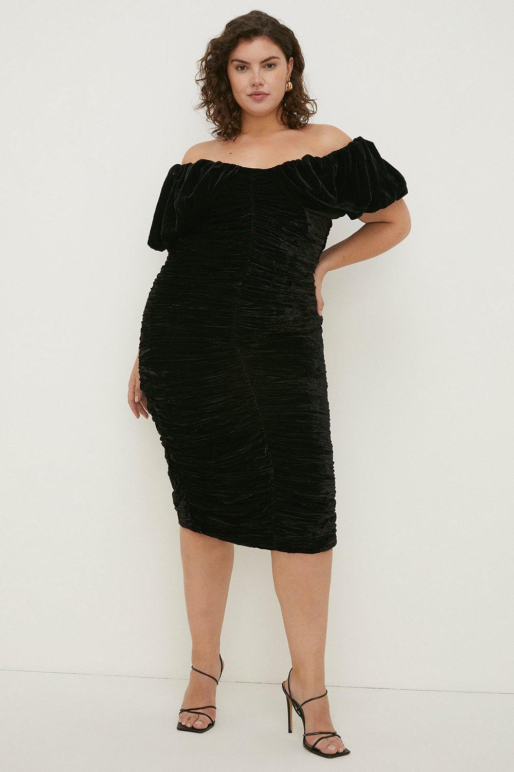Plus Size Velvet Ruched Bardot Midi Dress