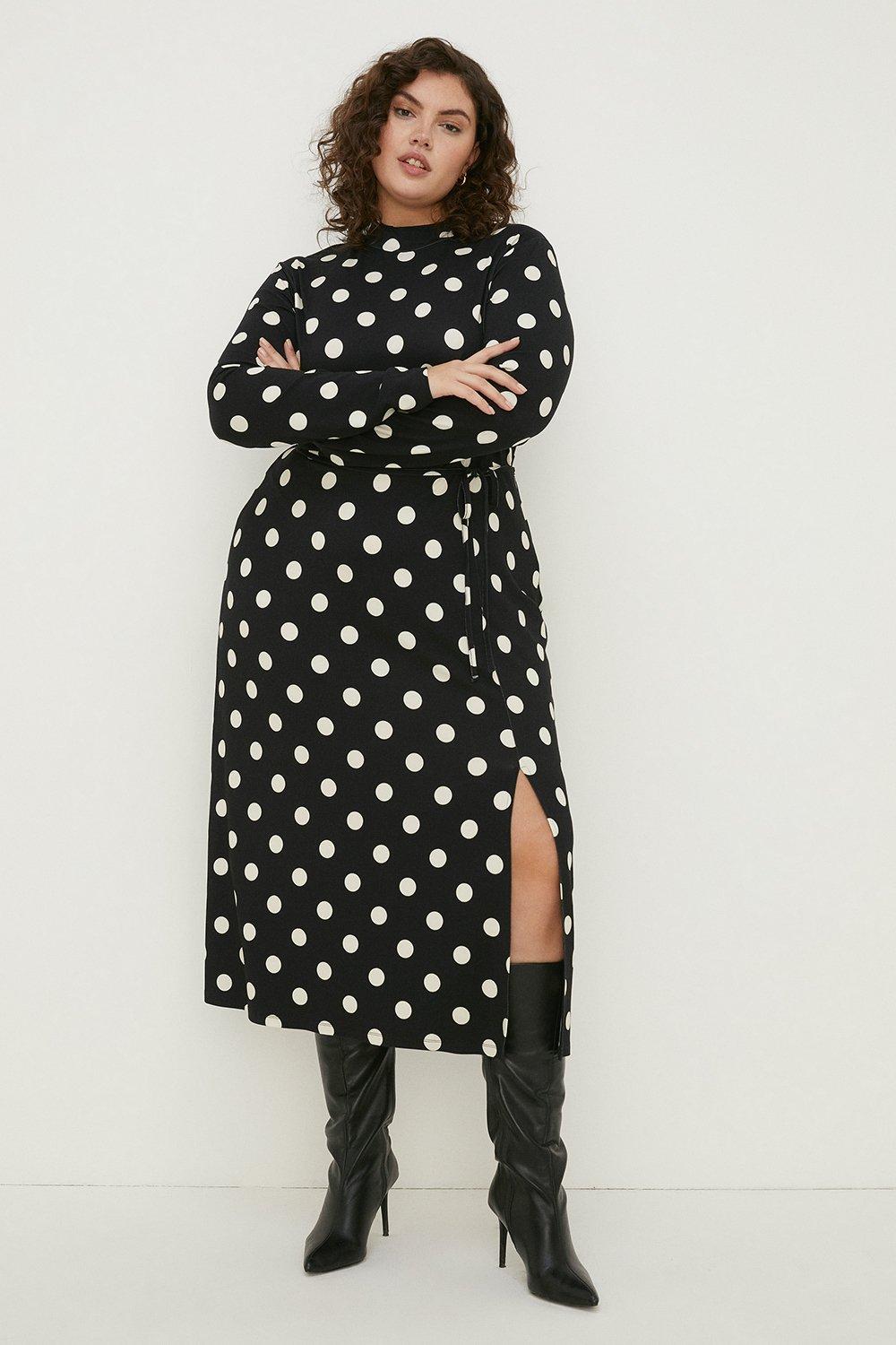 Plus Size Spot Funnel Neck Belted Midi