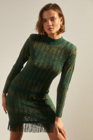 Product Sparkle Zig Zag Fringe Hem Knitted Mini Dress green