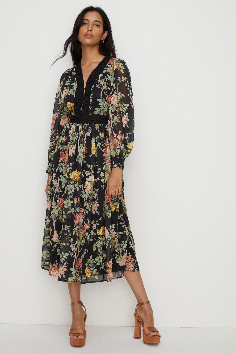Petite Magnolia Floral Lace Tiered Dobby Midi Dress
