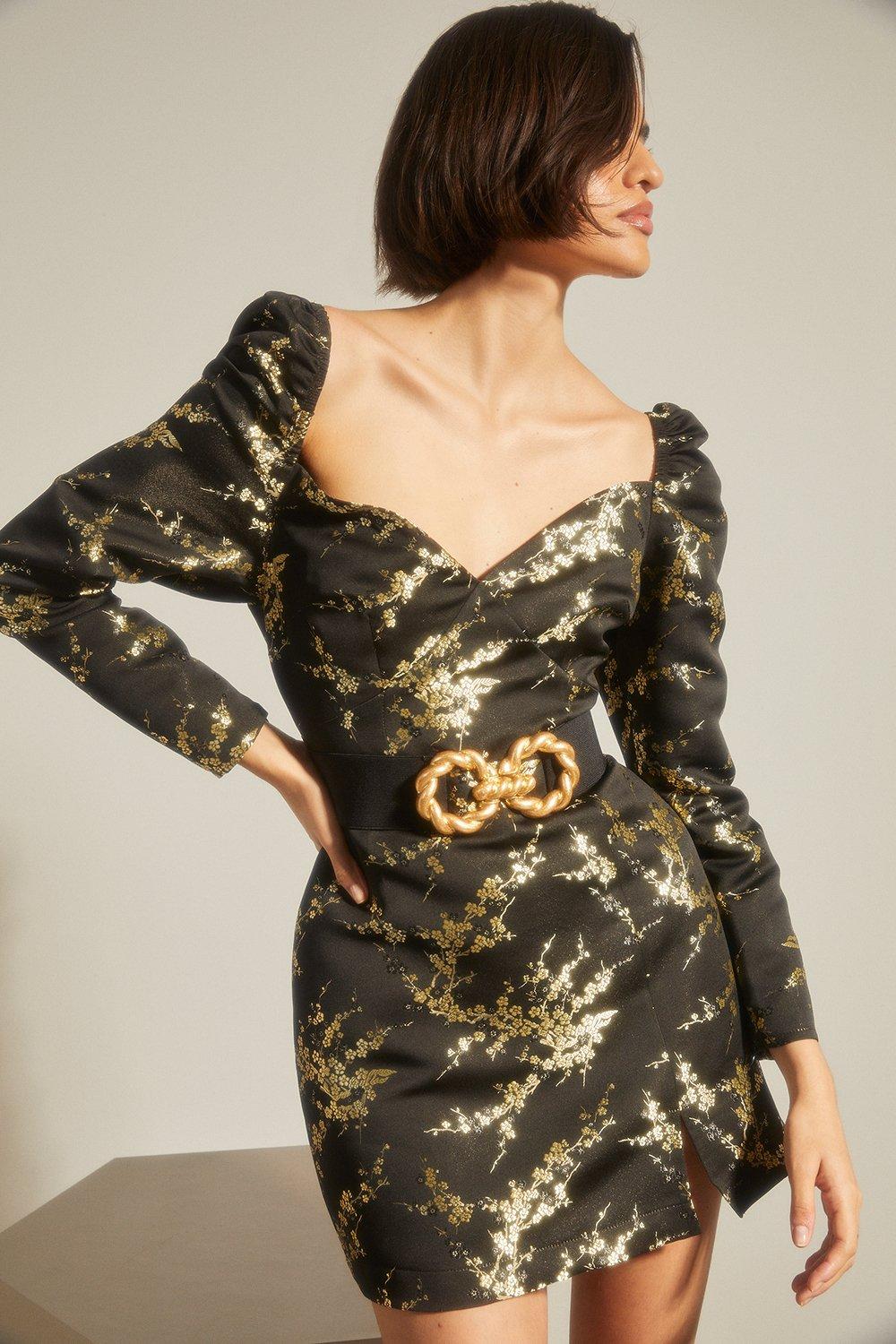 Black And Gold Floral Jacquard Aline Dress