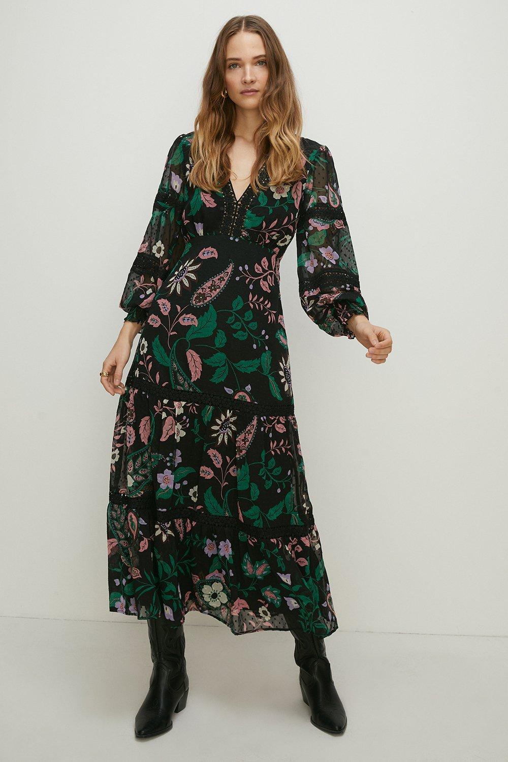 Lace Trim Dobby Chiffon Floral Print Midi Dress