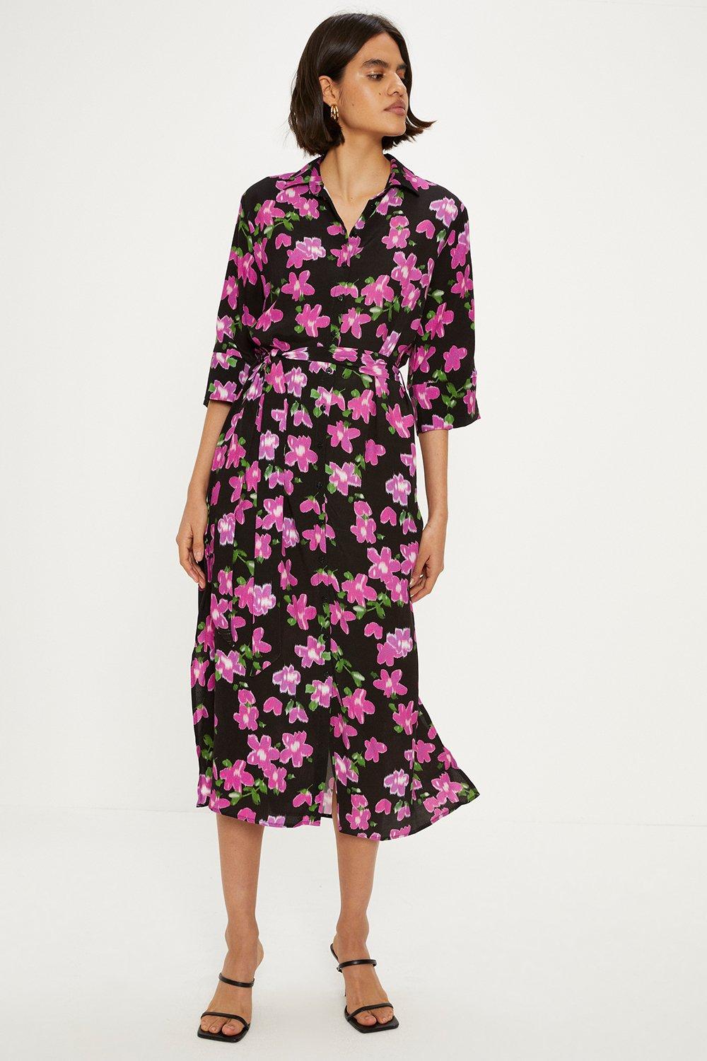 Floral Print Belted Midi Shirt Dress