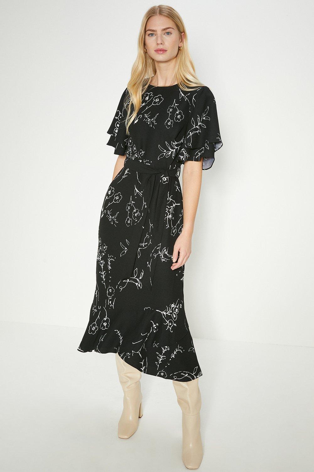 Petite Mono Floral Printed Frill Detail Belted Midi Dress