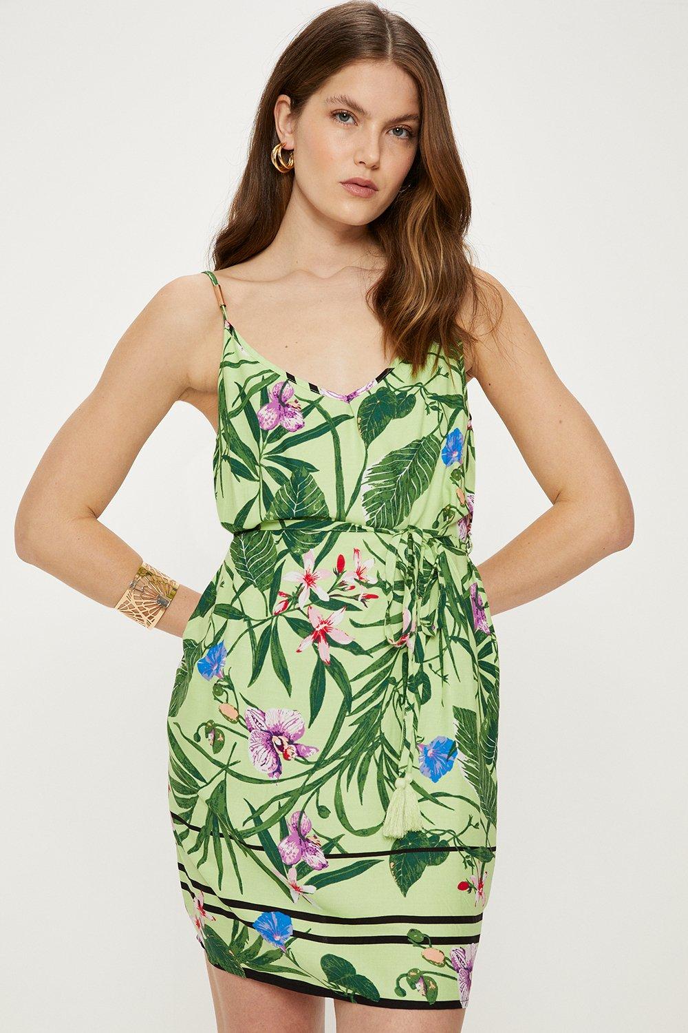 Tropical Print Strappy Mini Dress
