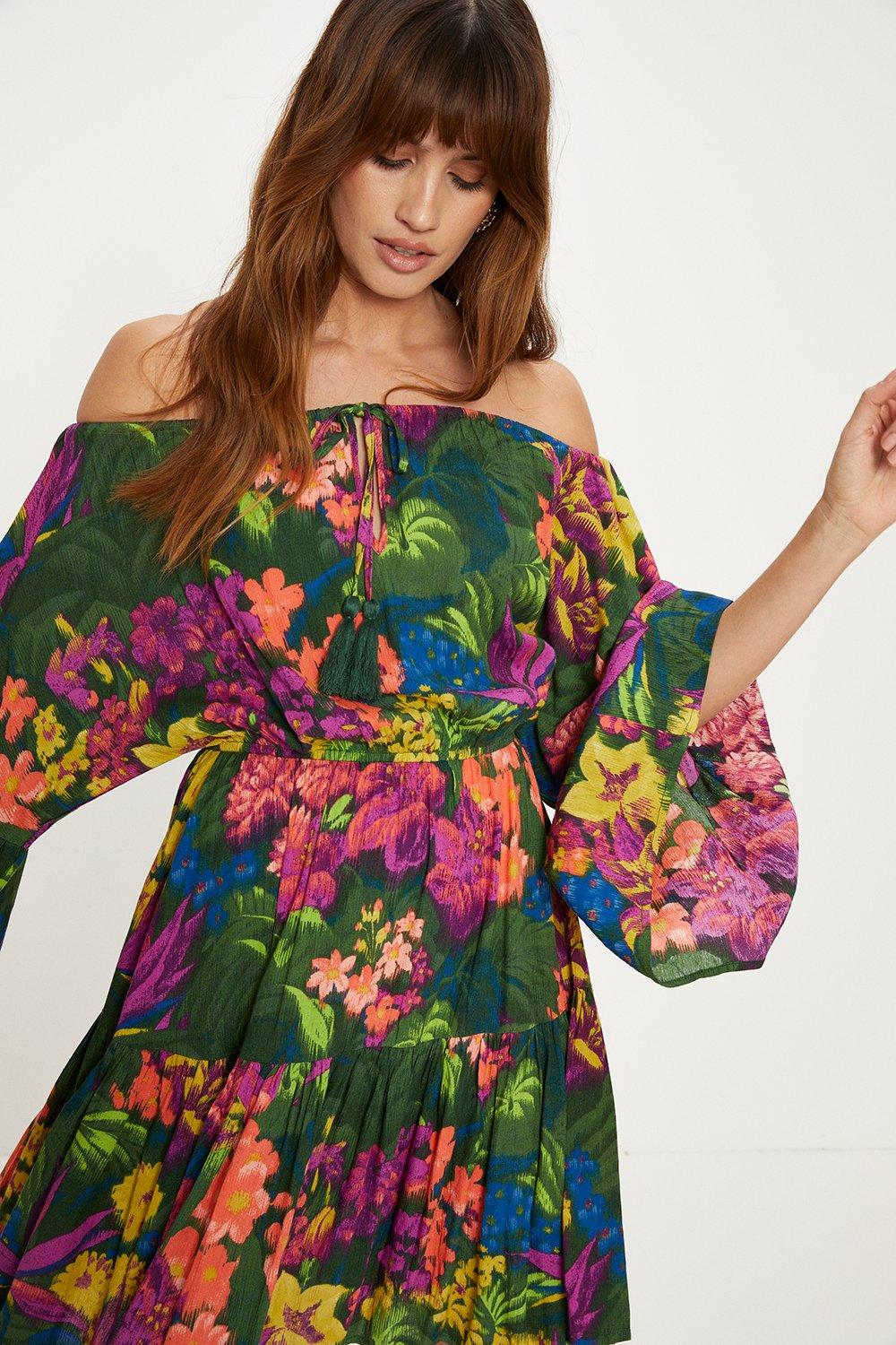 Tropical Print Crinkle Shirred Bardot Dress