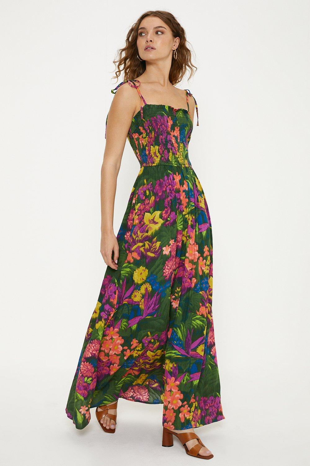 Tropical Print Crinkle Shirred Maxi Dress