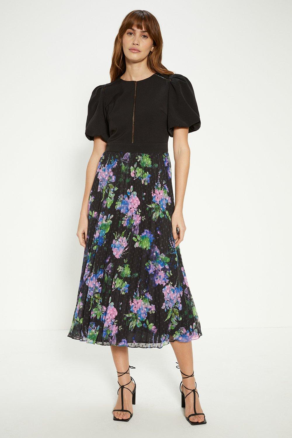 Puff Sleeve Floral 2 In 1 Pleated Midi Dress