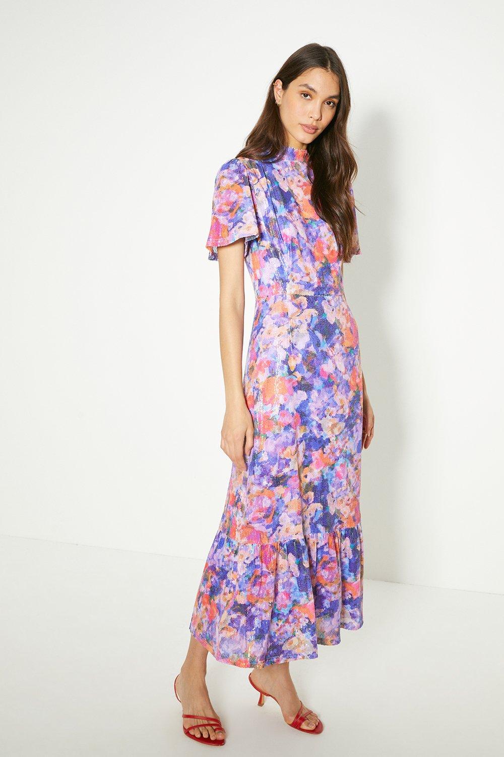 Sequin Floral Peplum Hem Midi Dress