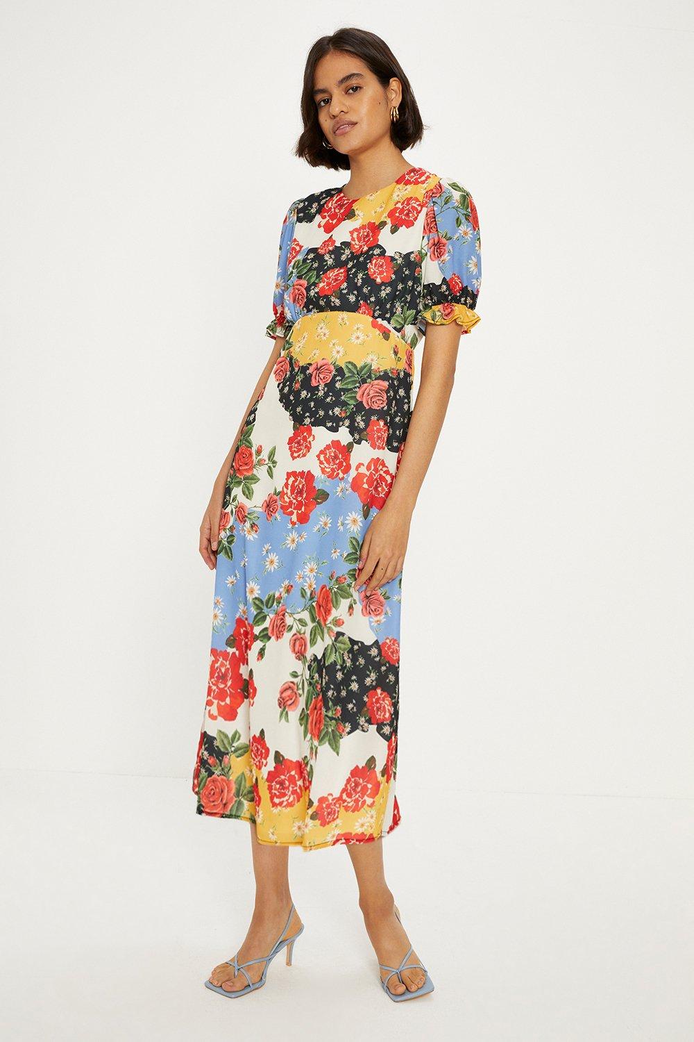 Petite Short Sleeve Floral Print Midi Tea Dress