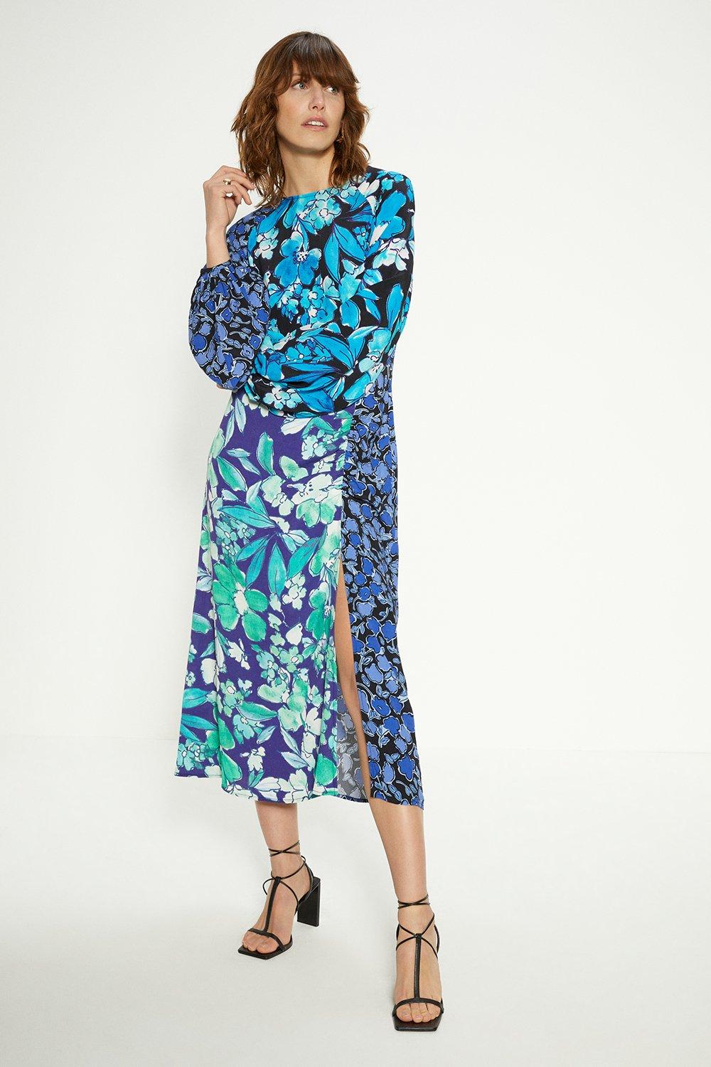 Mixed Floral Ruched Front Midi Dress