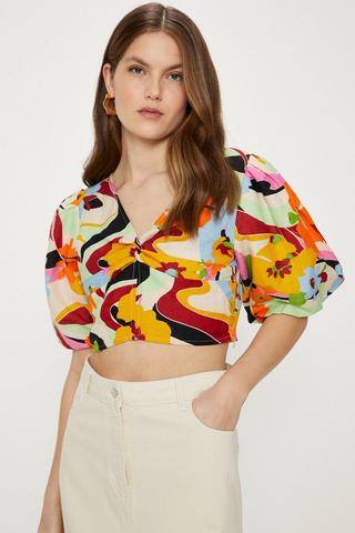 Product Linen Mix Puff Sleeve Twist Front Floral Top multi