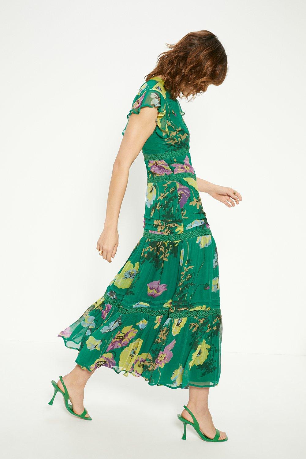 Lace Trim High Neck Chiffon Floral Midi Dress