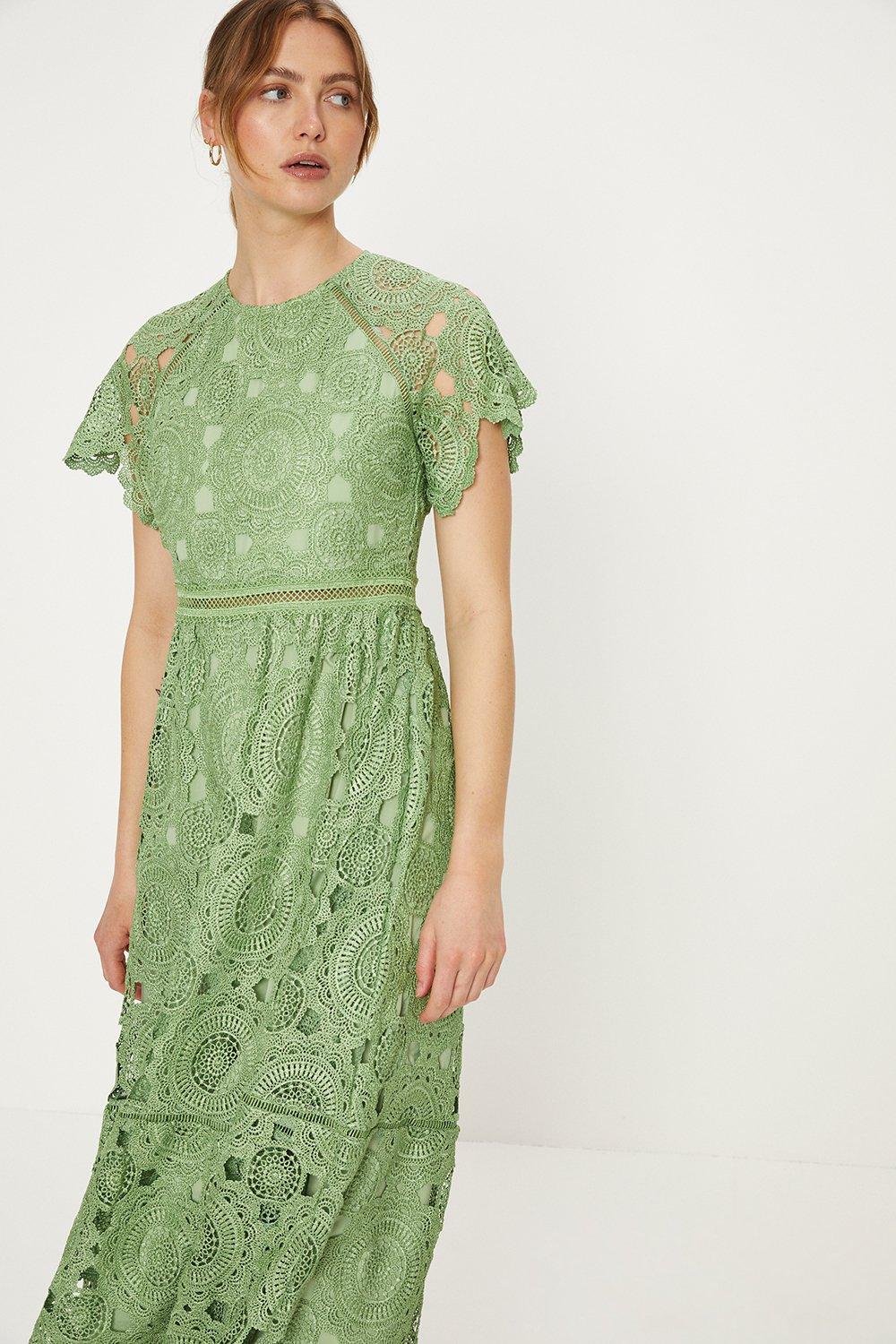 Premium Floral Lace Trim Insert Cap Sleeve Midi Dress