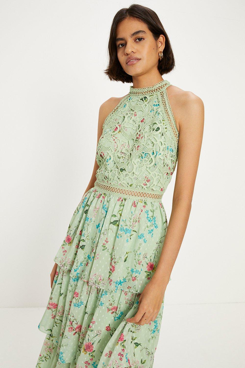 Soft Floral Lace Halter Neck Tiered Midi Dress