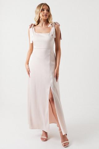 Product Satin Tie Shoulder Midi Bridesmaids Dress blush
