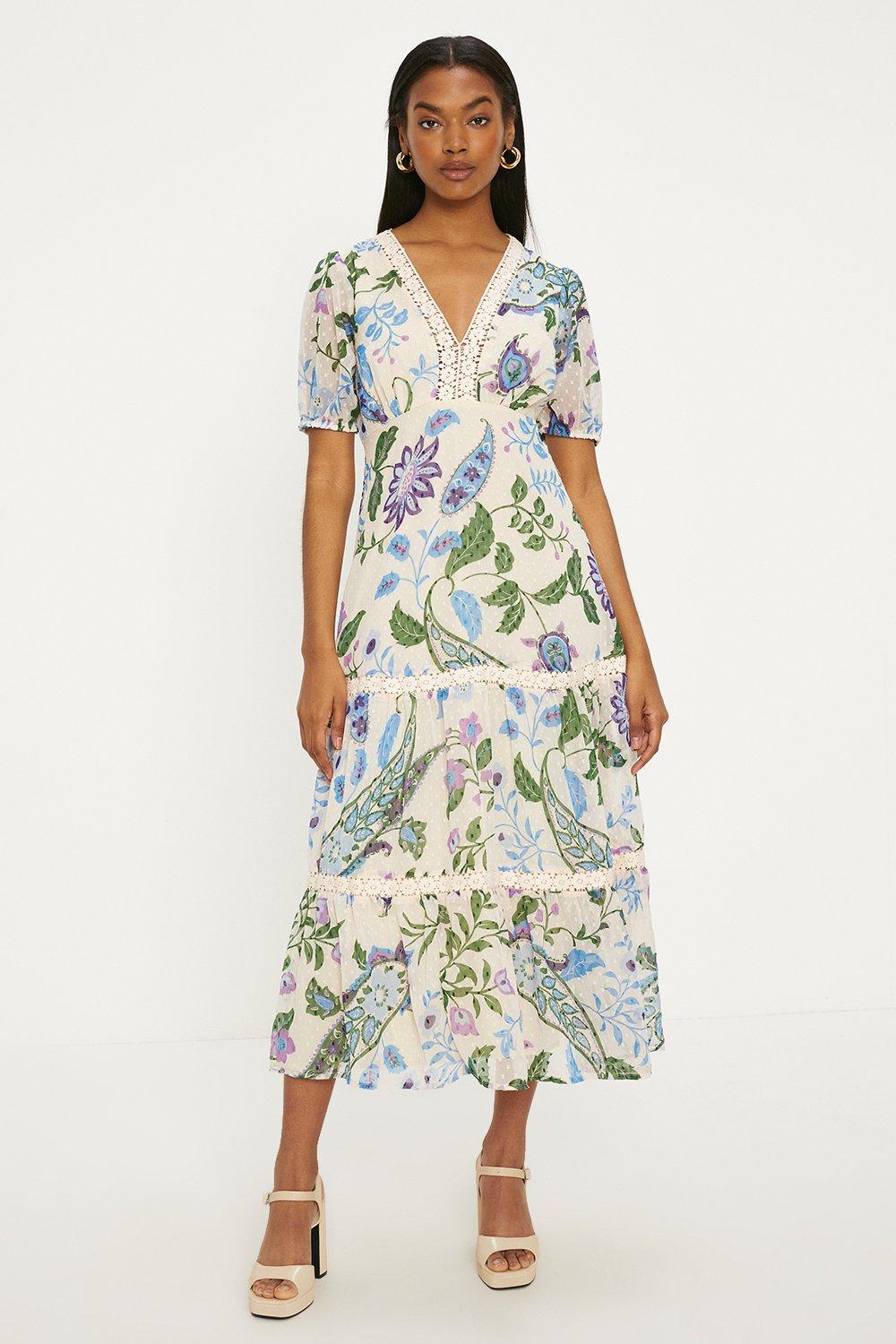 Lace Trim Dobby Chiffon Floral Print Midi Dress